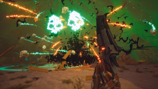 Screenshot from Far Far West showing a character facing an explosion of glowing skulls amid wooden debris.