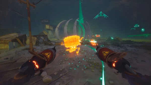 Screenshot from "Far Far West": A pair of glowing pistols aim at a bright, floating cube amidst a mysterious, eerie landscape.