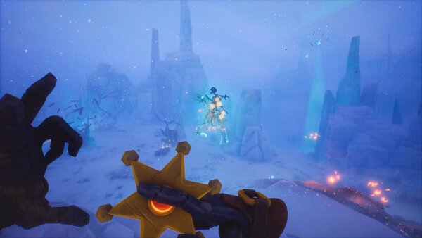 Screenshot from Far Far West: A mysterious figure hovers in a snowy landscape, while a hand holds a glowing star-shaped object.