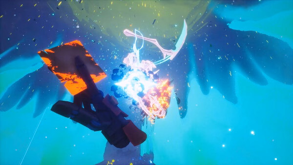Screenshot from Far Far West showing a dynamic aerial battle scene with glowing weapons and vivid blue and orange effects.