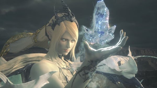 A screenshot from FINAL FANTASY XVI showing a character summoning a glowing crystal with intricate details in a dramatic setting.