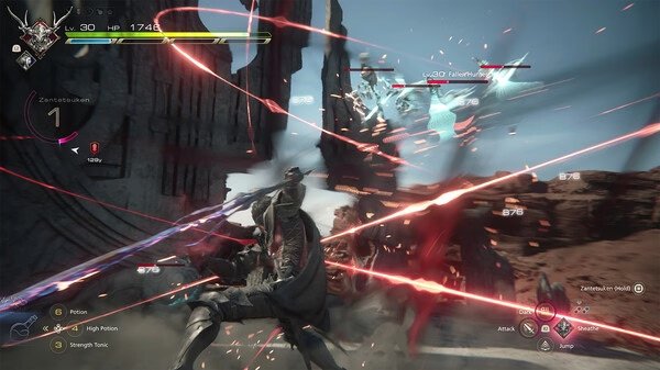 FINAL FANTASY XVI screenshot: A battle scene with a warrior attacking enemies amidst dynamic red streaks in a rocky landscape.