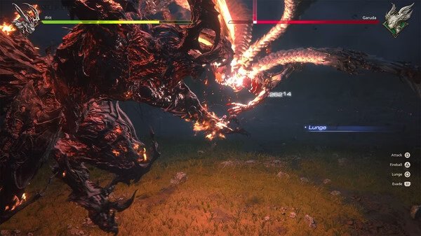 Screenshot from FINAL FANTASY XVI showing a fierce battle between Ifrit and Garuda, with fiery attacks lighting up the night.