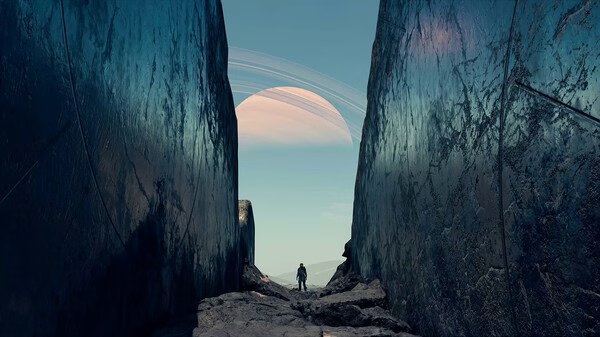 A Starfield screenshot shows a lone figure walking between two towering metallic cliffs with a ringed planet visible in the sky.