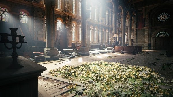 FINAL FANTASY VII REMAKE INTERGRADE screenshot: A sunlit, abandoned church interior with scattered flowers on the floor.