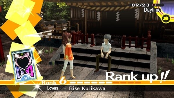 Screenshot of Persona 4 Golden showing Rise Kujikawa and the protagonist ranking up their social link at a shrine.