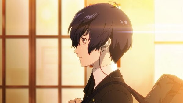 Screenshot from Persona 3 Reload showing a character in school uniform with a guitar case, standing in front of sunlit windows.