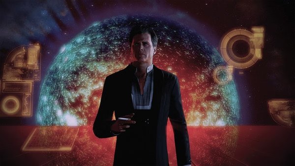 Mass Effect™ Legendary Edition screenshot: A character stands with a glowing planet backdrop, surrounded by holographic displays.