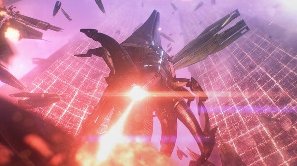 Mass Effect™ Legendary Edition screenshot: A Reaper ship in space amidst explosions and debris against a glowing, grid-like backdrop.