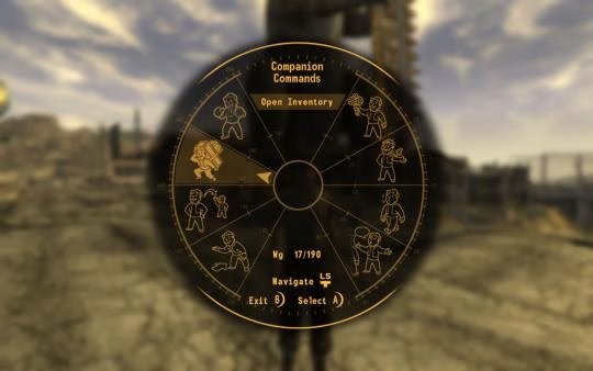 Screenshot from Fallout: New Vegas showing the Companion Commands wheel against a blurred desert landscape background.