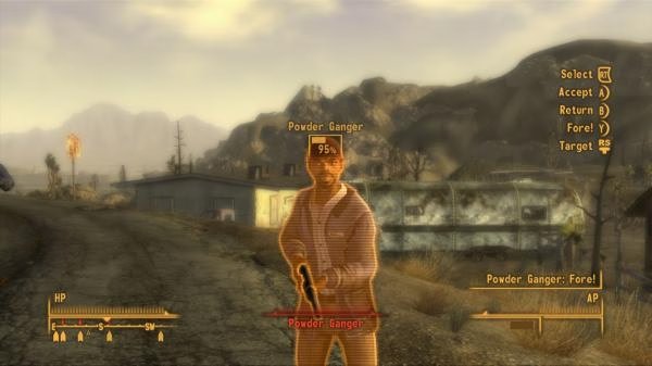 Screenshot from Fallout: New Vegas showing a Powder Ganger aiming a weapon in a desert landscape with game HUD elements visible.