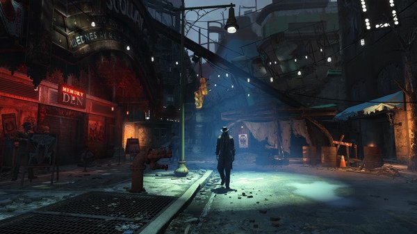Fallout 4 screenshot: A lone figure in a trench coat walks through a dimly lit, post-apocalyptic street with neon signs and debris.