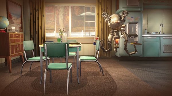 Fallout 4 screenshot: A Mr. Handy robot floats in a cozy kitchen with retro decor and a round table with green chairs.