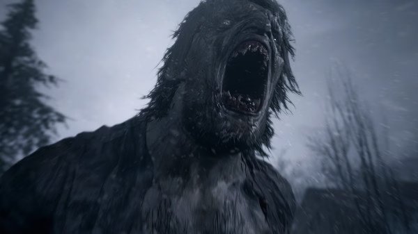 A screenshot from Resident Evil Village showing a terrifying werewolf-like creature roaring in a snowy, dark forest setting.