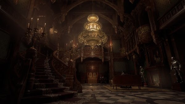 A screenshot from Resident Evil Village showing a grand, dimly lit hall with a chandelier, ornate staircase, and medieval decor.