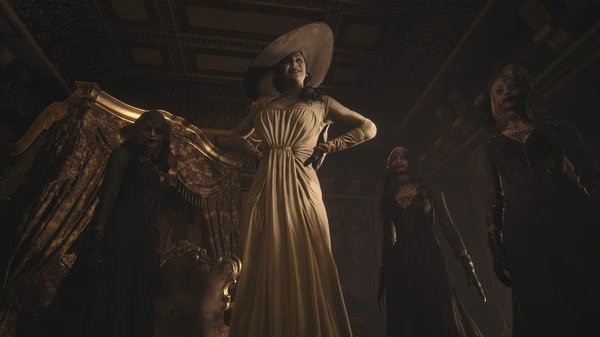 Resident Evil Village screenshot: A tall woman in an elegant dress and hat stands with three shadowy figures in a dimly lit room.