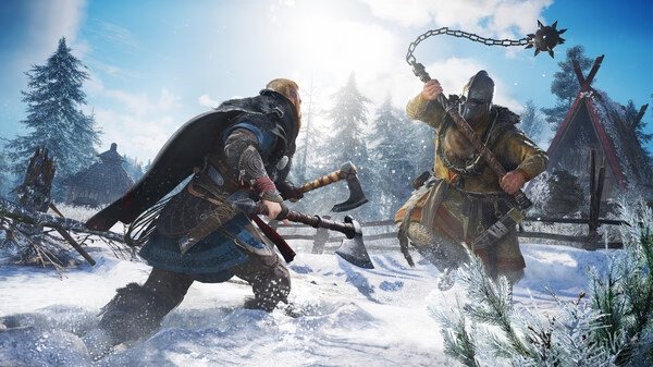 Screenshot from Assassin's Creed Valhalla showing two warriors clashing in a snowy landscape with axes and a flail.