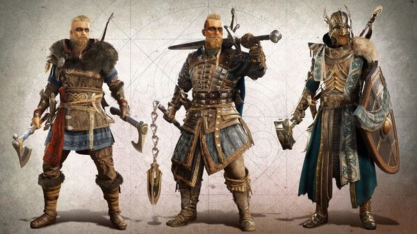 Assassin's Creed Valhalla screenshot: Three Viking warriors in detailed armor pose with weapons against a textured backdrop.