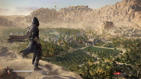 Screenshot from Assassin's Creed Mirage showing a cloaked figure overlooking a vast desert landscape with lush greenery and distant mountains.