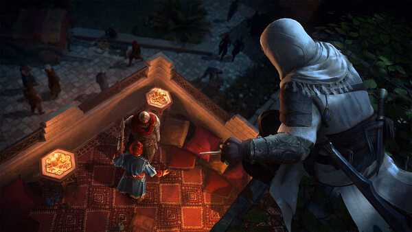 Assassin's Creed Mirage screenshot: A hooded assassin observes two figures speaking on a lit rooftop adorned with rugs and lanterns.