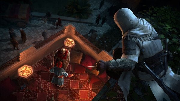Assassin's Creed Mirage screenshot: A hooded assassin observes two figures speaking on a lit rooftop adorned with rugs and lanterns.