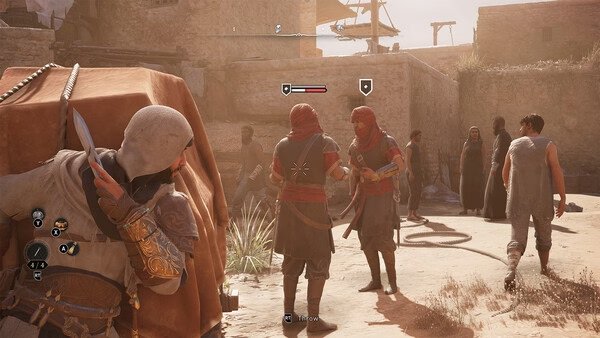 Assassin's Creed Mirage screenshot: A hidden character watches two armored enemies converse in a sunlit, ancient city setting.