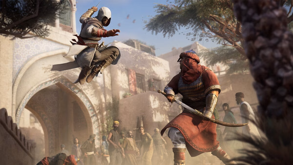 Screenshot from Assassin's Creed Mirage showing a hooded character leaping towards an opponent with a sword in a bustling marketplace.