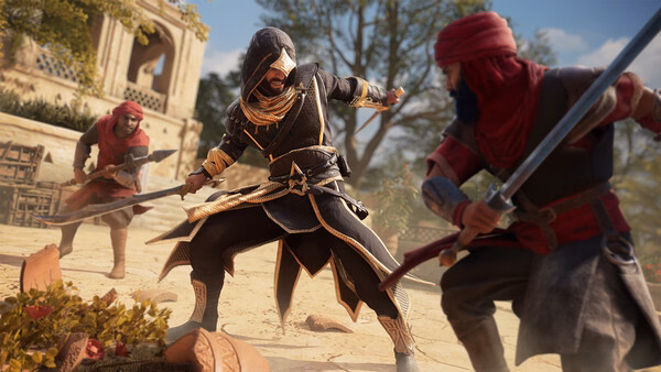 Assassin's Creed Mirage screenshot showing a cloaked figure in combat with two armed opponents in a sunlit courtyard.