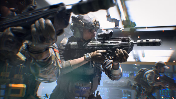 Screenshot from Battlefield™ 2042 showing soldiers in combat gear aiming rifles inside a futuristic building.