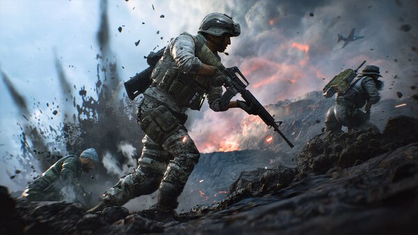 A Battlefield™ 2042 screenshot showing soldiers in combat gear running through a smoky, war-torn landscape with explosions.