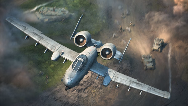 A Battlefield™ 2042 screenshot showing a military aircraft flying over a battlefield with tanks and soldiers below.