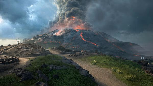 Battlefield™ 2042 screenshot: A rocky landscape with a volcano spewing smoke and lava under a dramatic sky.