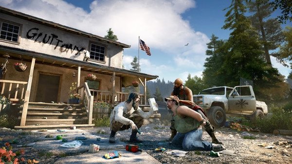 Far Cry® 5 screenshot of two characters confronting a restrained man outside a rundown building with "Gluttony" written on it.