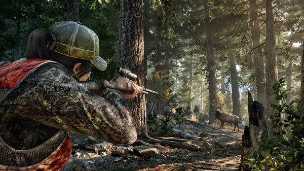 Far Cry® 5 screenshot: A hunter aims a rifle at a deer in a dense forest, surrounded by tall trees and sunlight filtering through.