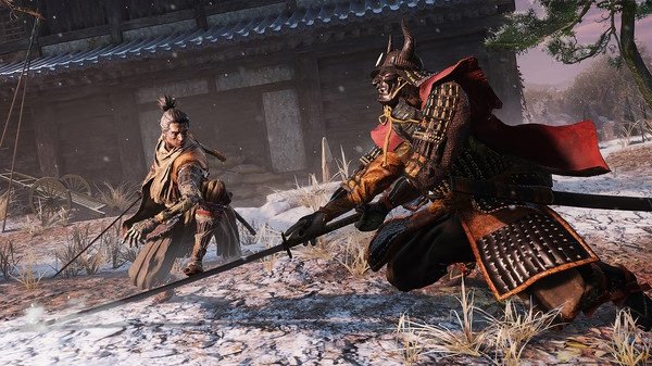 Screenshot from Sekiro™: Shadows Die Twice - GOTY Edition shows a warrior facing a samurai in a snowy landscape.
