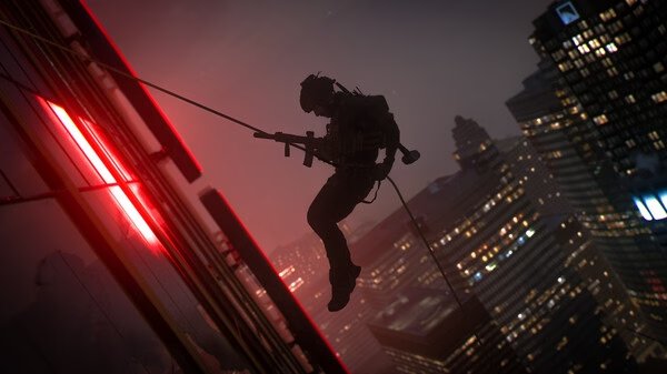 A Call of Duty®: Modern Warfare® II screenshot showing a soldier rappelling down a skyscraper at night with a cityscape in the background.