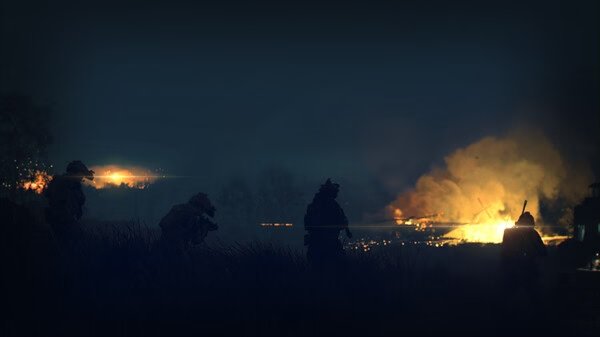 Screenshot from Call of Duty®: Modern Warfare® II showing soldiers in silhouette against a fiery battlefield at night.