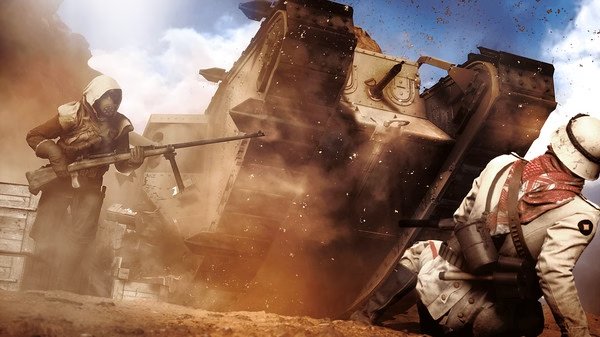 A Battlefield™ 1 screenshot showing a soldier in a gas mask aiming a rifle near a tank and another soldier taking cover amidst debris.