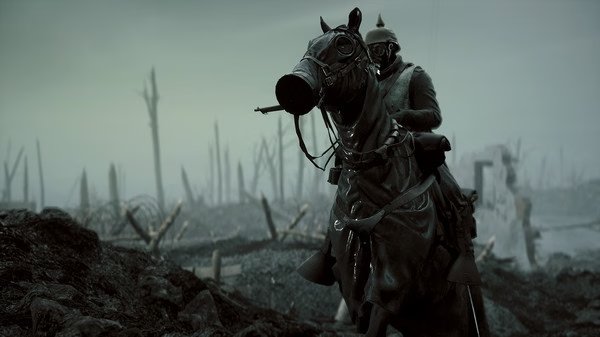 Battlefield™ 1 screenshot: A soldier in a gas mask rides a horse through a desolate, war-torn landscape with barren trees.