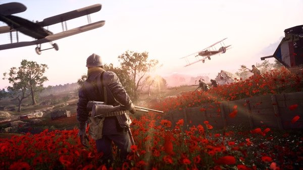 Battlefield™ 1 screenshot: A soldier stands in a poppy field, watching biplanes fly in the colorful sunset sky.