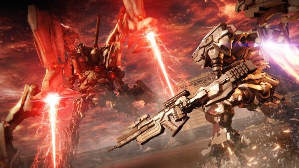Screenshot from ARMORED CORE™ VI FIRES OF RUBICON™ showing two mechs engaged in battle, firing laser beams in a fiery, dramatic scene.