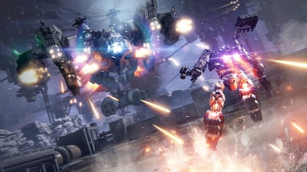 Screenshot from ARMORED CORE™ VI FIRES OF RUBICON™: Two mechanized units exchange fire in a snowy battlefield, surrounded by explosions.