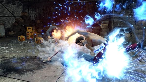 Screenshot from Yakuza: Like a Dragon showing a dramatic combat scene with fiery and icy special effects in a warehouse setting.