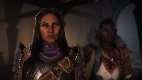 Dragon Age™: The Veilguard screenshot featuring two armored characters in a dimly lit room, one wearing leather, the other in cloth.