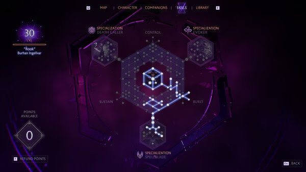 Screenshot from Dragon Age™: The Veilguard showing the skills interface with specialization options and skill tree paths highlighted.