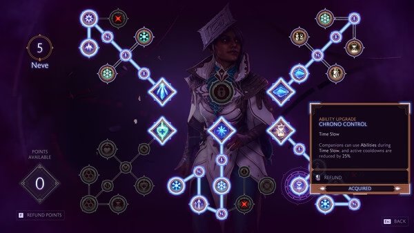 Dragon Age™: The Veilguard screenshot showing a skill tree interface with glowing nodes and a character in detailed armor.