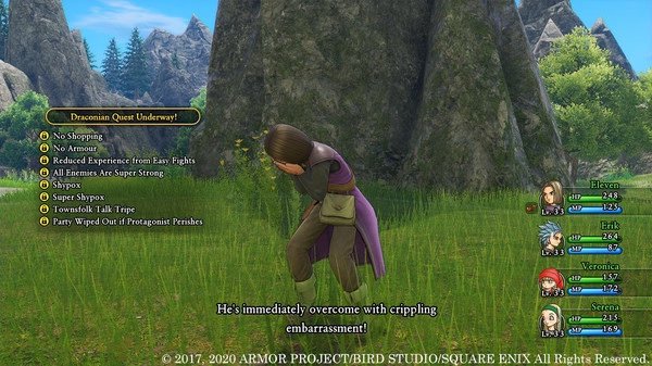 Screenshot from DRAGON QUEST® XI S: Echoes of an Elusive Age™ - Definitive Edition showing a character doubled over in embarrassment.