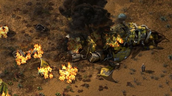 Screenshot from Factorio showing a crashed and burning spaceship on a desert landscape with scattered debris and small fires.