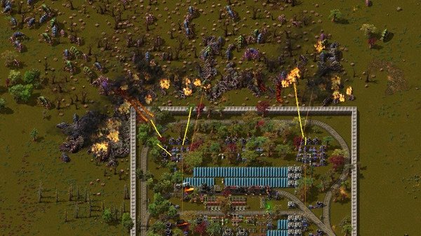 Factorio screenshot showing a factory base under attack by alien creatures, with defenses firing and explosions visible.