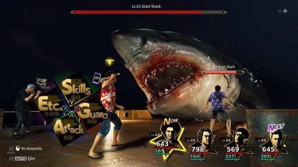 Screenshot of Like a Dragon: Infinite Wealth shows characters battling a giant shark on a ship at night.